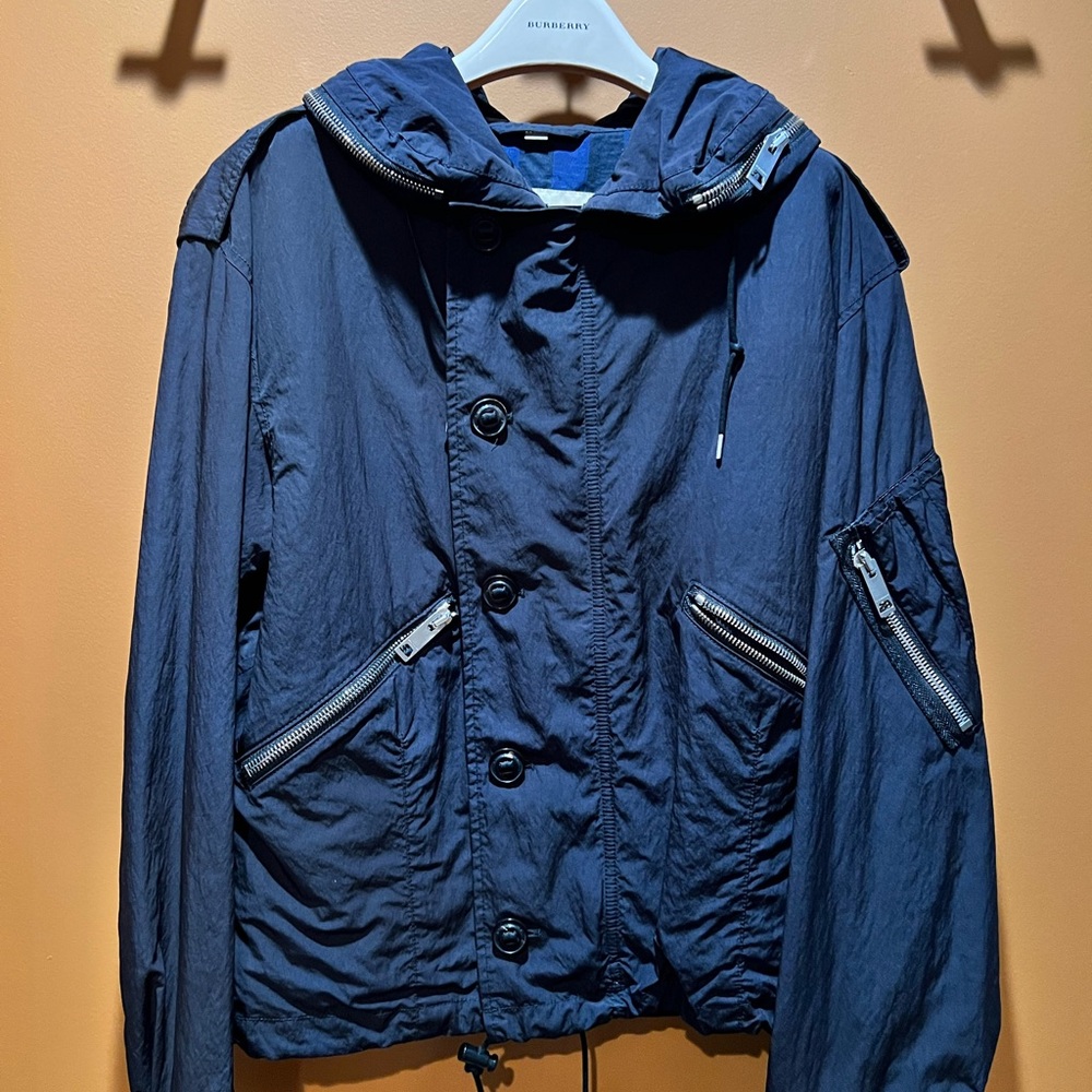 Burberry Men's Navy Bomber Jacket with Zippered Pockets